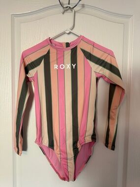 Roxy Girls' Long-Sleeve Stripe Rashguard in Pink, Cream & Green